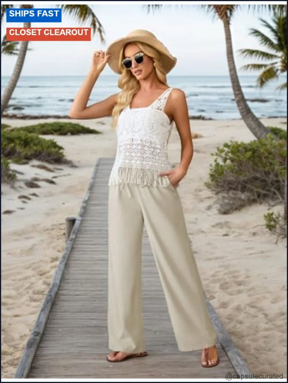 Wide Leg Linen Pants with Pockets Drawstring Trousers Summer Beach